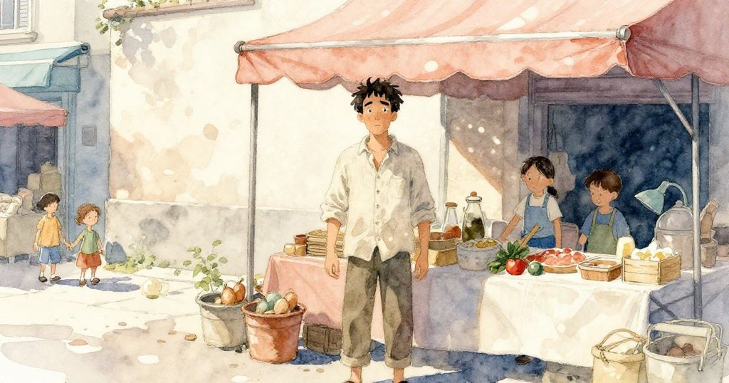 Hugo在老舊市場攤前沉思準備推木箱，背景有褪色遮陽篷與鵝卵石路，神情堅定充滿期待。