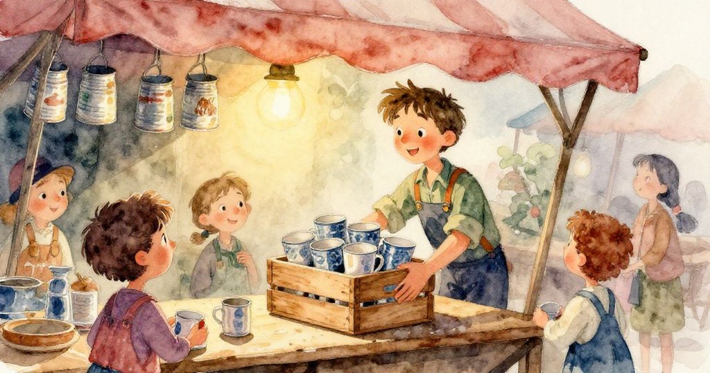 局部特寫展示木箱中精緻杯子與老舊鐵蓋，細膩光影中象徵前方挑戰的微妙平衡。