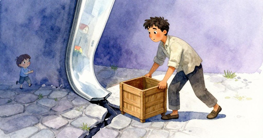 Hugo費力推木箱，背景呈現扭曲街市與鋸齒狀路面，動作緊張且充滿錯視效果。