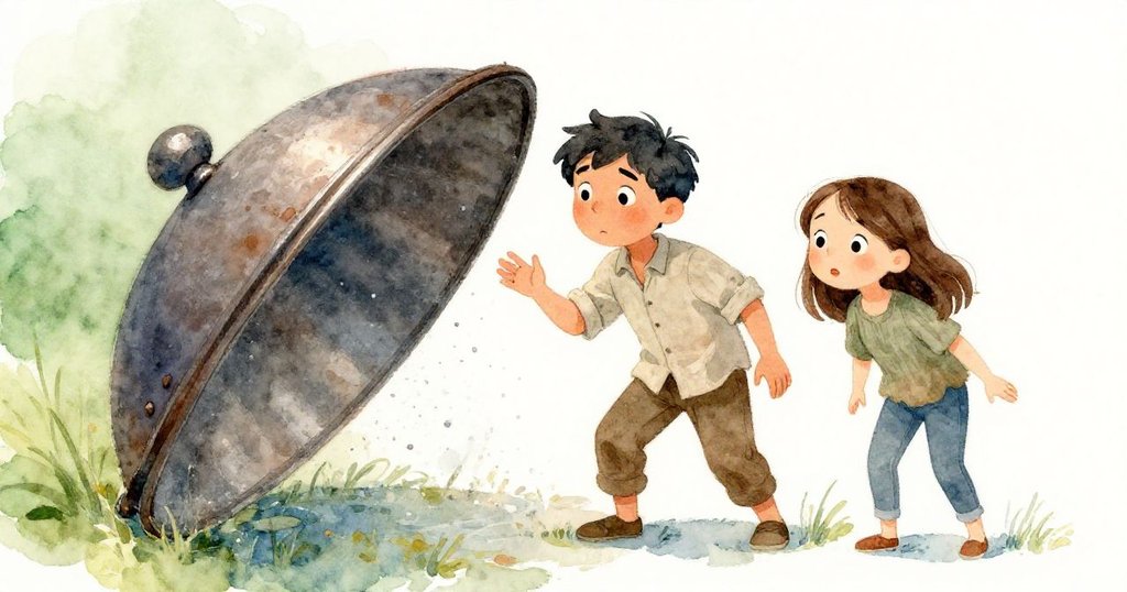 細塵猶如水中微粒飄散，鐵蓋傾斜觸發短暫驚愕，Hugo與Tara目光流露意外與柔和氛圍。