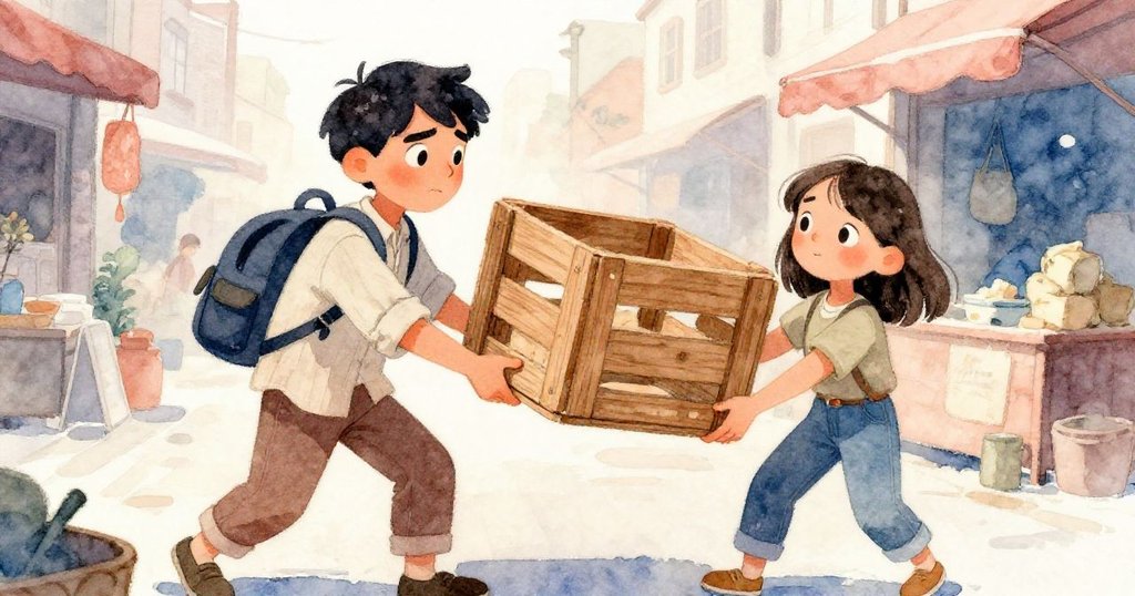 Hugo與Tara合力推木箱，Tara利用背包作楔子，兩人目光堅定展現合作互助的動感畫面。