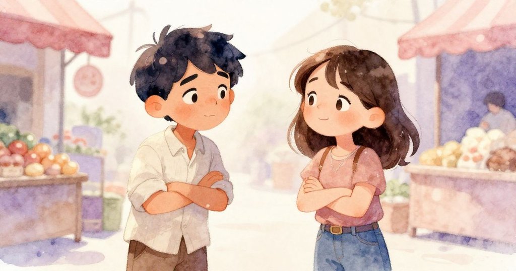 Hugo與Tara在市場中互換欣慰微笑與點頭，成功推動木箱後充滿信任與感激，背景隱約顯現熙攘人潮。