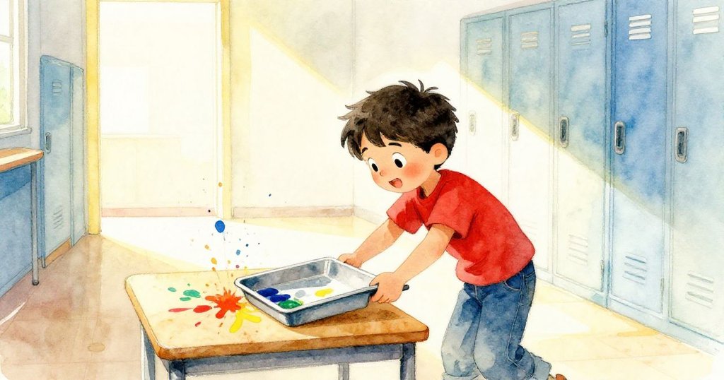 Blake正在推動金屬托盤，教室內光影交錯，油漆飛濺充滿動感，背景有走廊和儲物櫃，臉上表現專注。