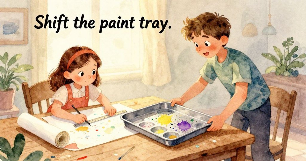 桌面近照顯示散落的紙片與停下的剪刀，銀灰色痕跡沿桌腳延伸，表現出創作過程中的瞬間靜止與紋路細節。