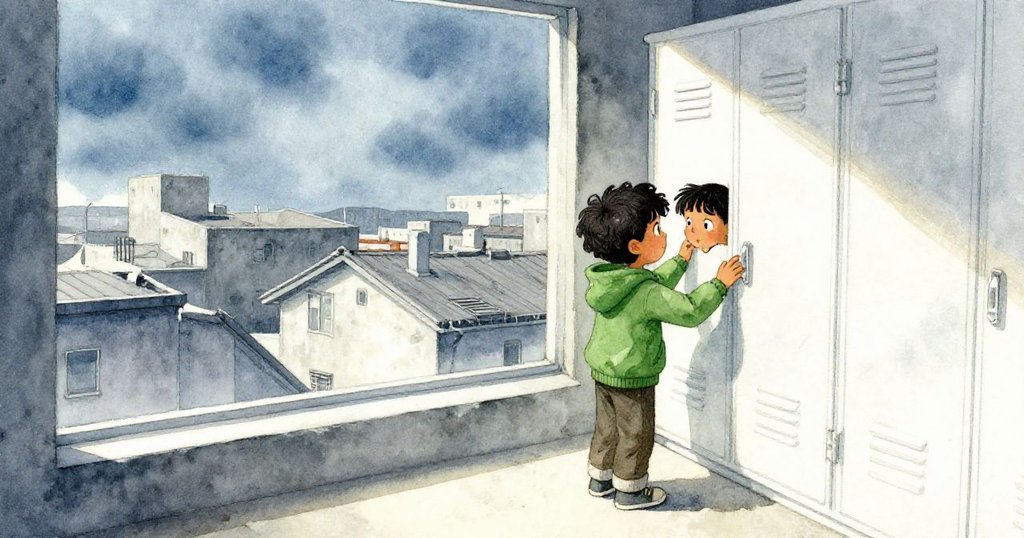 Heath靠近供應櫃，門上斑駁油漆顯舊，窗外混凝土屋頂在鋼色天空下閃爍，室內外景融合，神情堅定。