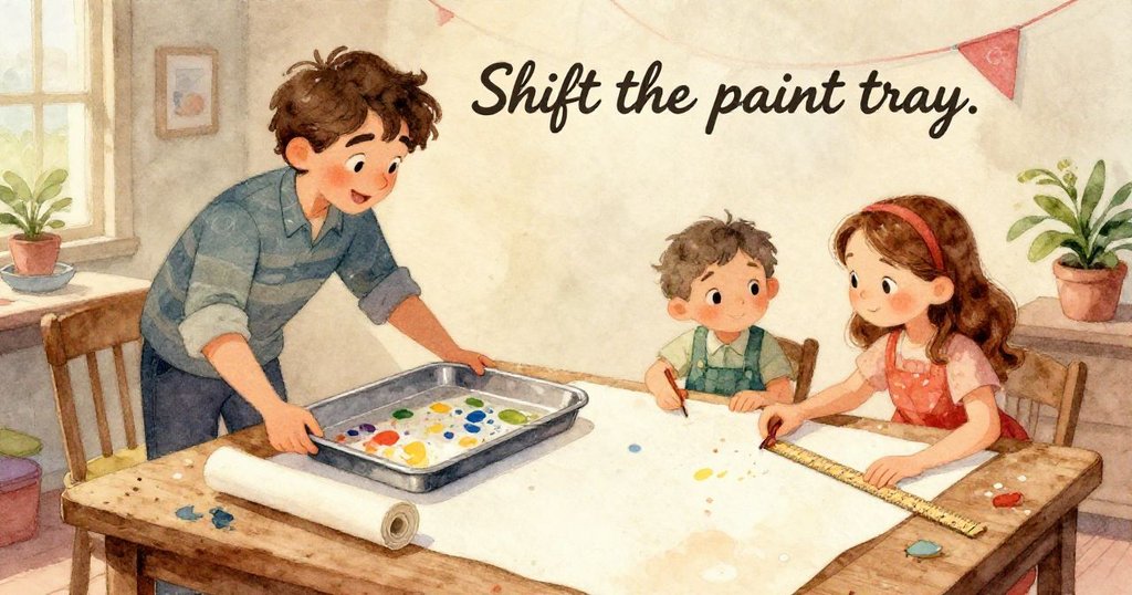 雨水突襲走廊，紙橫幅隨風飄動，麻雀掠過，老師急步進入，整體場面充滿活力與緊迫感。