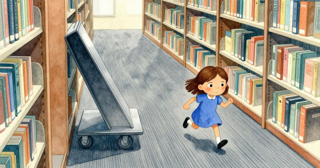 珍珠急步穿過鋪著厚地毯的圖書館走廊,金屬書擋傾斜於書架上,環境充滿緊張氣氛。