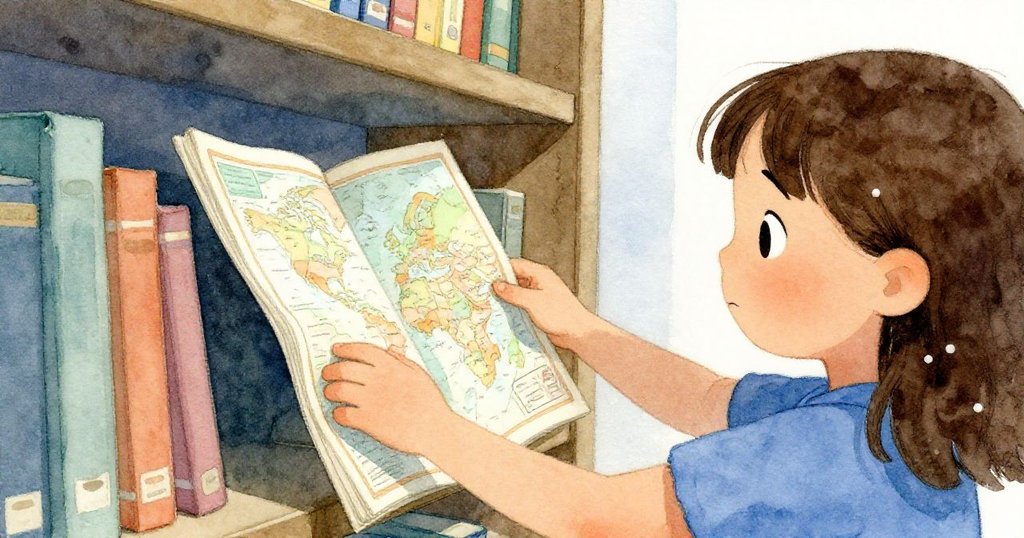 珍珠小心地將手靠在書架上,輕推厚重的地圖集,紙張輕微沙沙作響,神情專注。