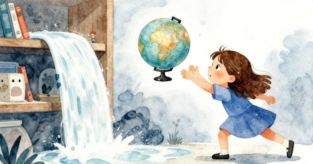 珍珠見書本像多米諾骨牌般傾倒,急速伸手接住搖晃的地球儀,場面充滿活力與緊張。