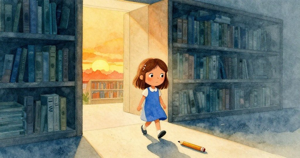 珍珠帶著地圖集走出圖書館,夕陽餘暉溫暖照耀,門前一支筆輕輕滾動,預示新冒險。