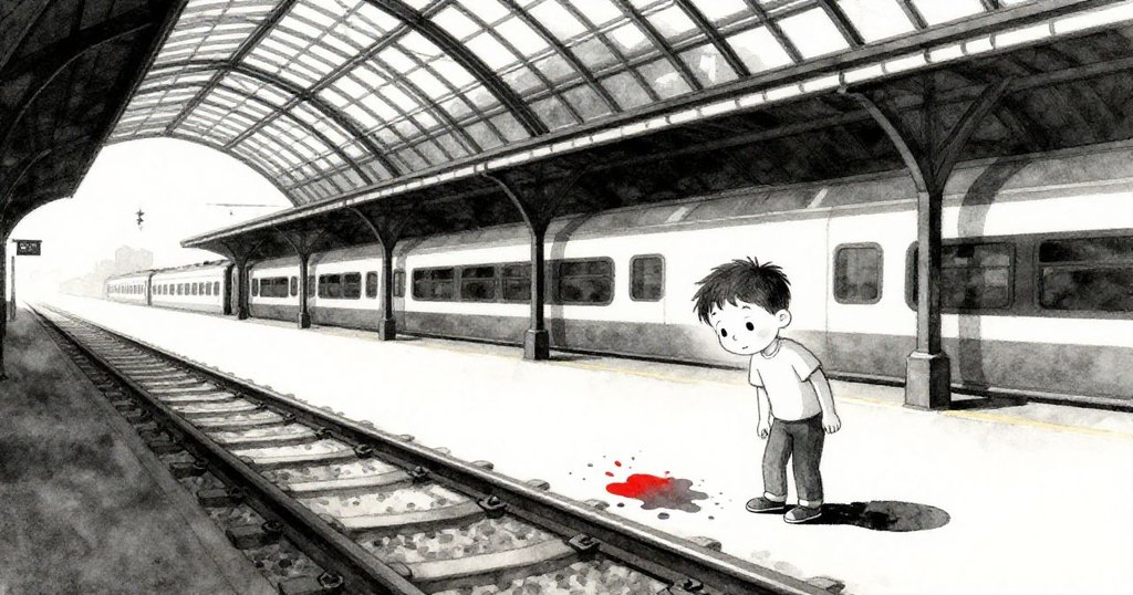 Sam在現代火車站外仔細檢查著沾滿油跡的鐵軌,低太陽映出長長陰影,面露疑惑與好奇。