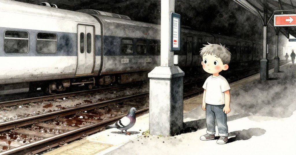 Sam觀察著油膩鐵軌與潔淨票閘之間的對比,鴿子悠然踱步,環境細節豐富,情感表達鮮明。