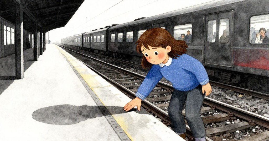 Clara專注地按壓著彎曲的金屬軌道,前景油跡細節豐富,遠處火車朦朧入景,情緒堅定。