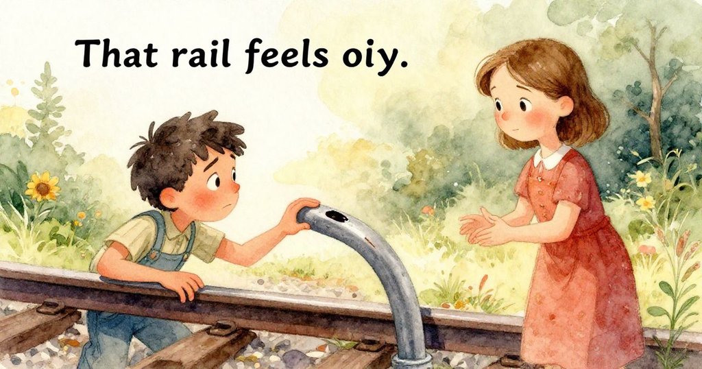 Clara細緻探索著鐵軌底部斑駁的金屬扣,鏡頭特寫呈現扭曲幾何和神秘紋理,意境迷離。