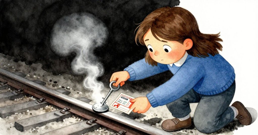 Clara專注使用鑰匙和旅行卡嘗試解開鐵軌上的金屬扣,動作細膩,面容堅定,呈現關鍵時刻的緊張氛圍。