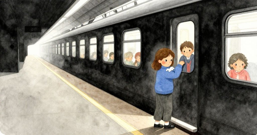 Clara在火車即將關門前衝上車廂,邊擦拭藍色袖口上的油跡,情緒從緊張轉向放鬆,場景寧靜。