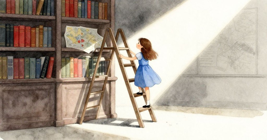 莎拉小心避開擱在地板上的梯子，進入充滿古舊地圖和飄浮塵埃的圖書館，神情既緊張又好奇。