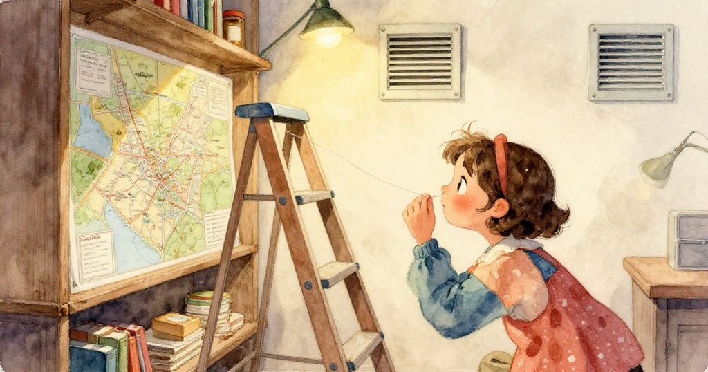 從上方俯瞰桌面，古董手工工具放於天鵝絨托盤上，石杯傾倒薄荷水沿地毯流下，桌燈散發溫暖光芒。