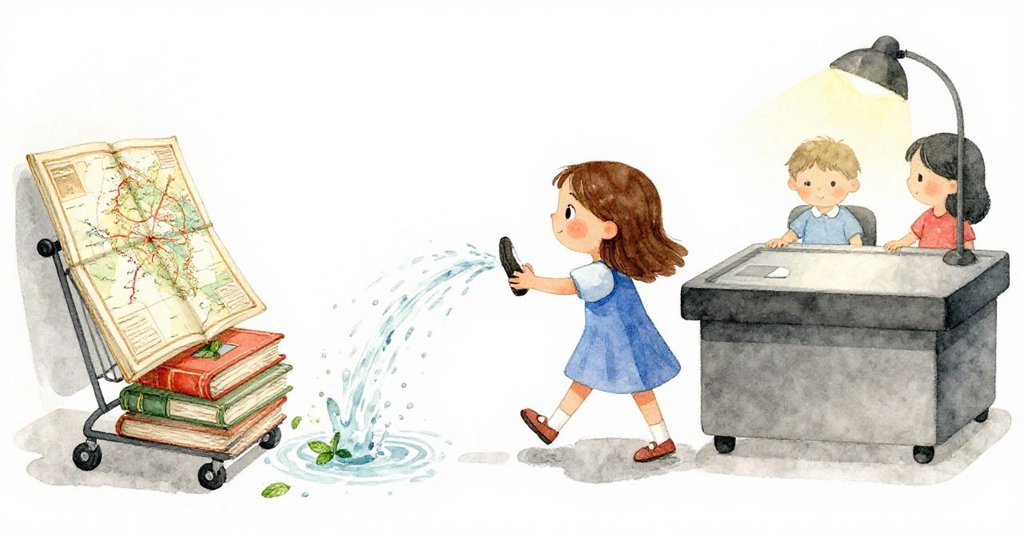 莎拉迅速用鞋子阻止退貨推車，避免溫水濺到脆弱的地圖書卷，臉上流露決心與果斷。