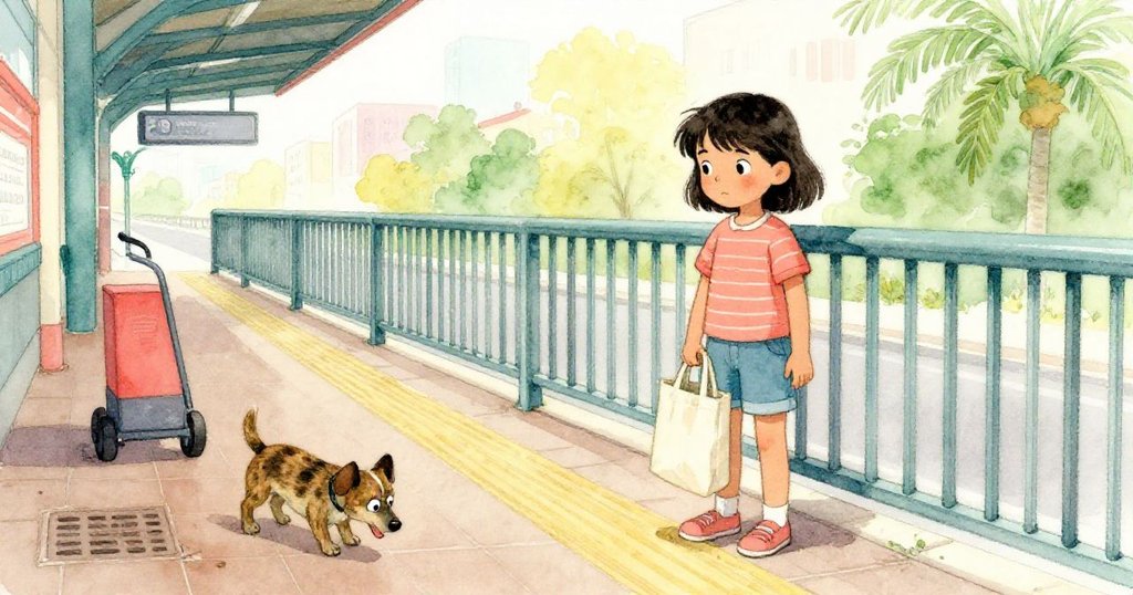 Zara站於天橋邊,手持托特包與小狗互動,背景是鬆動的鐵板與推車,展現故事開篇的動感場景。