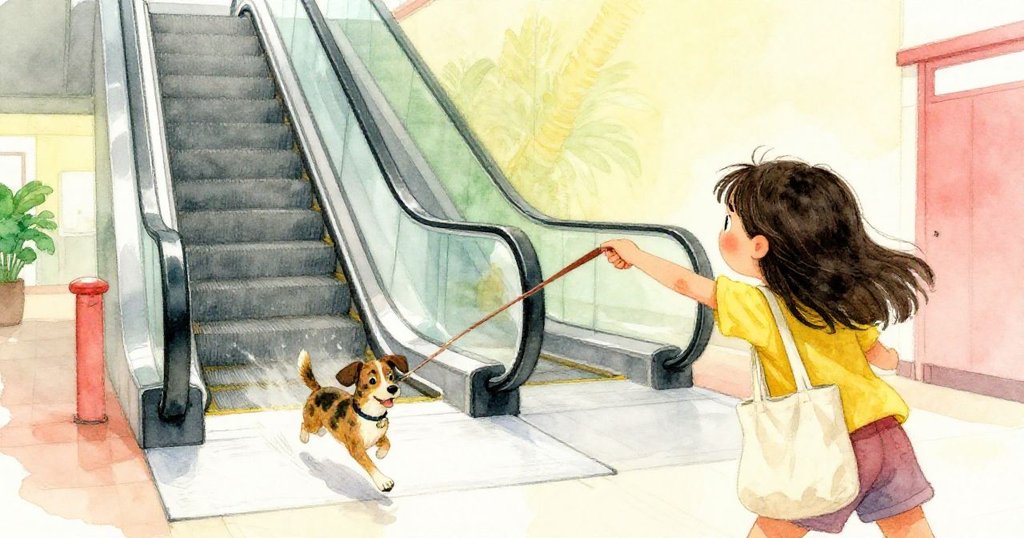 Zara從背後伸手抓狗繩,小狗急奔向自動扶梯,呈現出故事高潮中的急切與緊張氣氛。