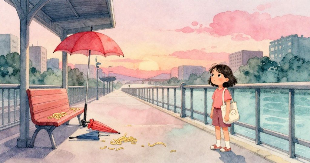 Zara站在昏黃天橋旁,望著散落的麵條與傾倒的雨傘,秋日涼意中透出故事發展後的沉思與寧靜。