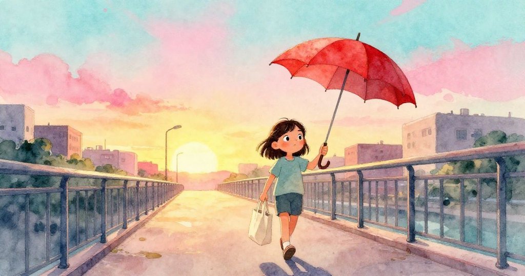 Zara拖著托特包走在夕陽映照的天橋上,遠處紅傘輕拂,整個場景充滿溫暖與平靜的結局氣氛。