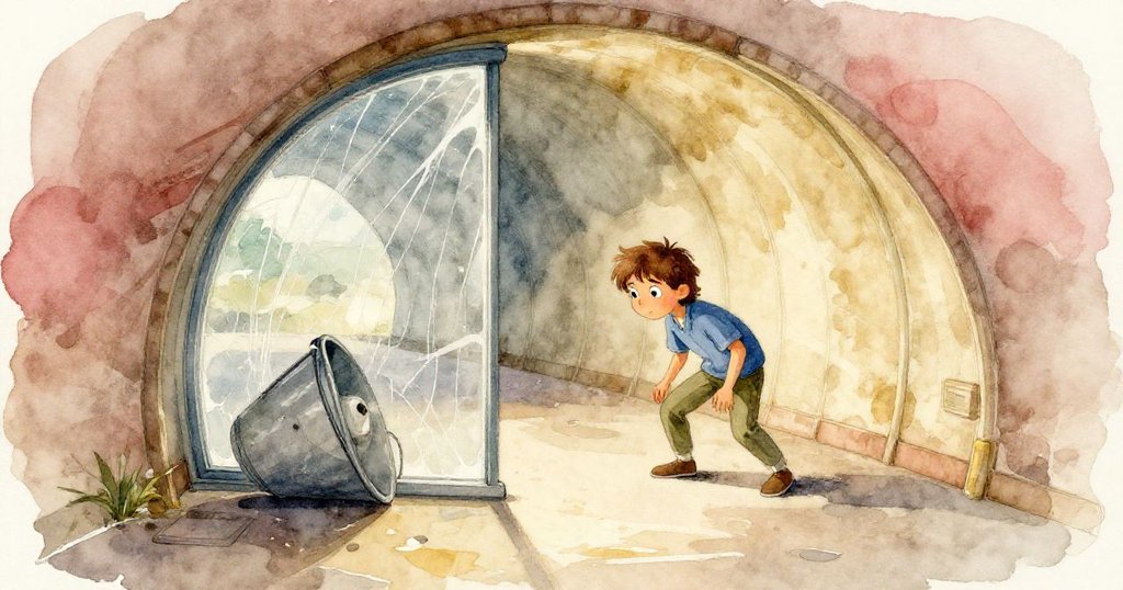 Reed出現在入口，背景有傾斜水桶與擦痕玻璃，柔和光線與陰影交織，開啟了一段神秘冒險旅程。