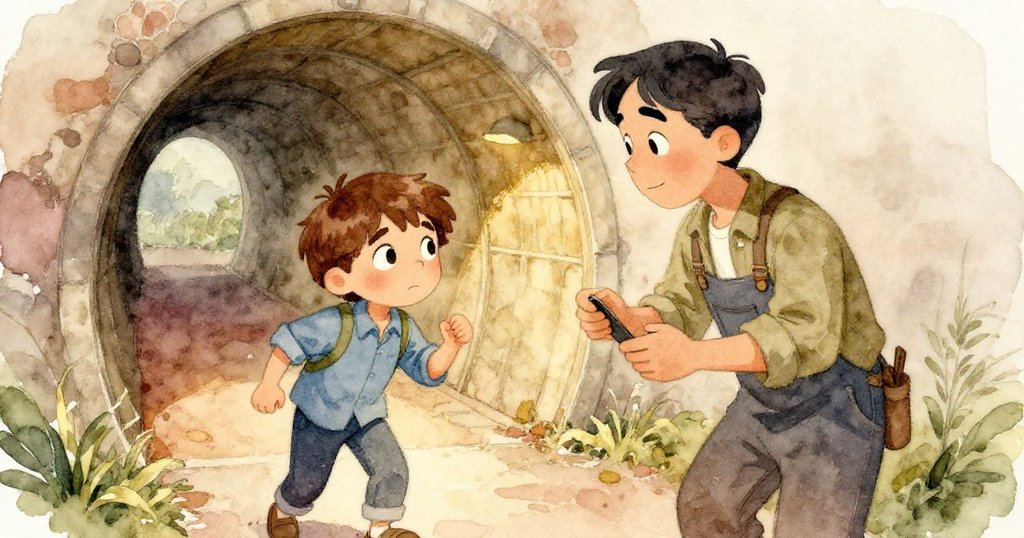 Reed與園丁在柔和光線中互動，彼此凝視傳達理解，展現冒險中難得的溫馨交流。