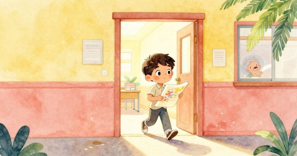 赫克托走出充滿晨光的課室,手持海報卷,溫暖光線灑在走廊上,神情期待準備面對新的一天。