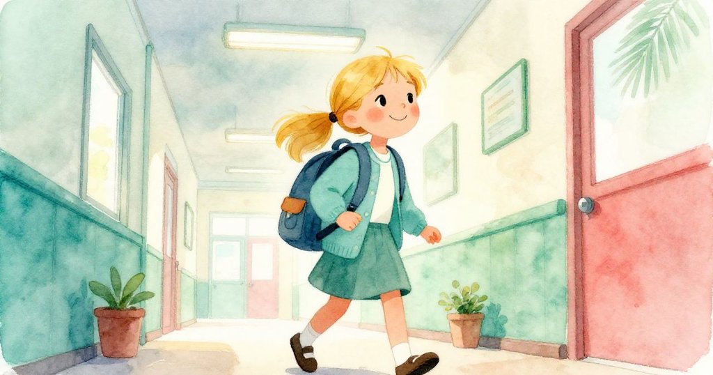 薇拉出現在走廊中,背包斜掛,步伐堅定而溫柔,背景是發光的燈光和暖色走廊,表情充滿決心與關懷。