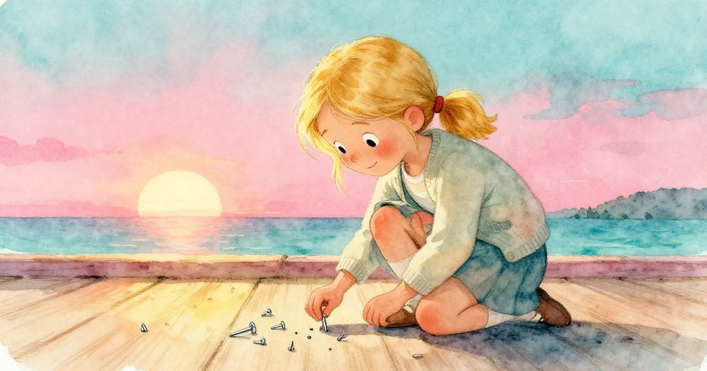 薇拉蹲下來收集散落的銀色釘子,溫柔表情中蘊含著團隊合作與回憶的氛圍,背景是暖色走廊與柔和光影。