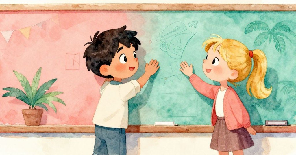 赫克托與薇拉在公告板前協作修補海報,赫克托按壓新膠帶,薇拉輕撫起泡狀海報,神情充滿決心與歡愉。