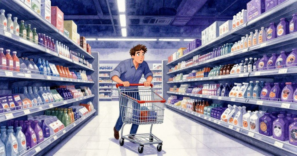 瑞德推著購物車進入現代超市寬敞過道，燈光斑斕，表情堅定，展開都市冒險的起點。