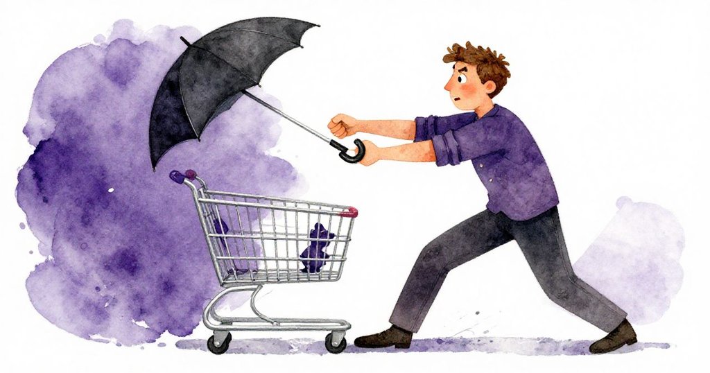 瑞德傾斜視角中專注扭動傘尖，解決推車輪被卡問題，動感十足，展現出堅定與活力。