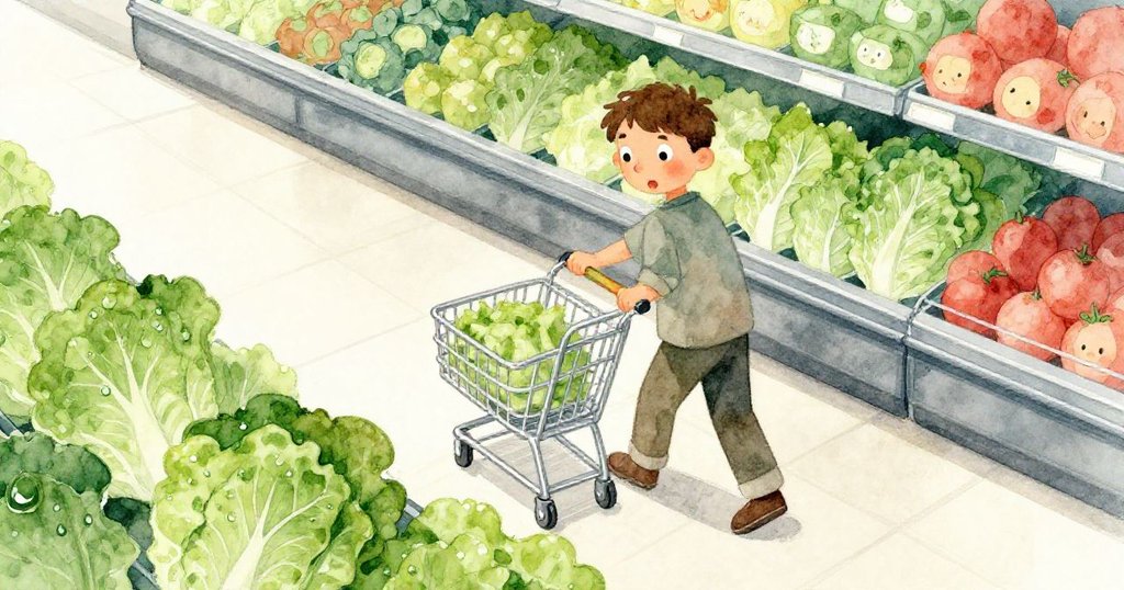 從高處俯瞰，瑞德推著修好的推車穿越蔬果區，水珠於青菜上閃爍，散發出冰涼與新鮮感。