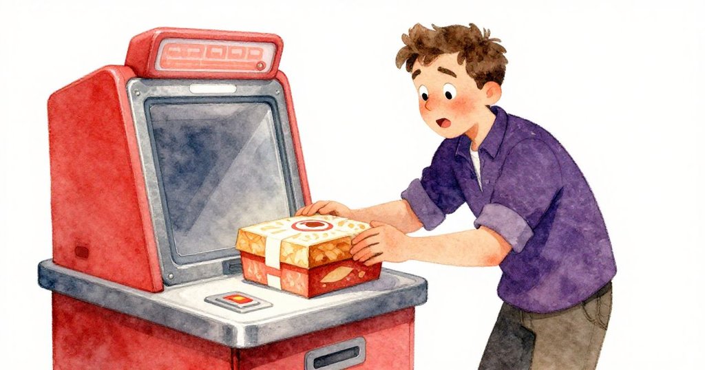 瑞德在自助結帳機前欣喜檢視糕點盒，臉上滿溢慶祝與鬆一口氣的神情，展現小勝利。