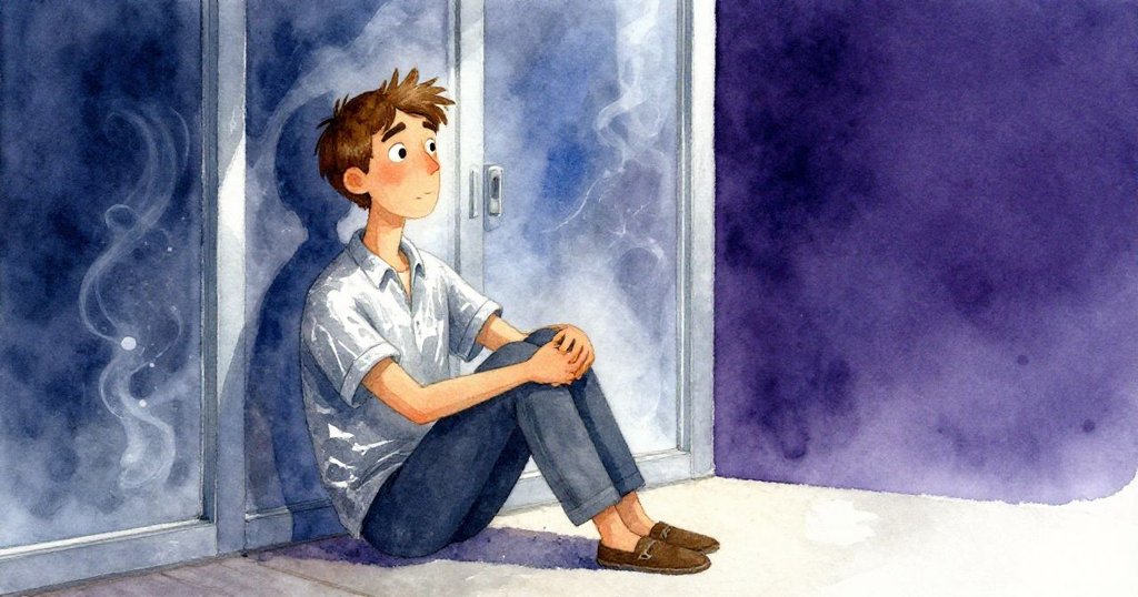 瑞德坐在玻璃門旁享受平靜時光，藍色蒸氣熠熠生輝，臉上流露滿足神情，結束忙碌一天。