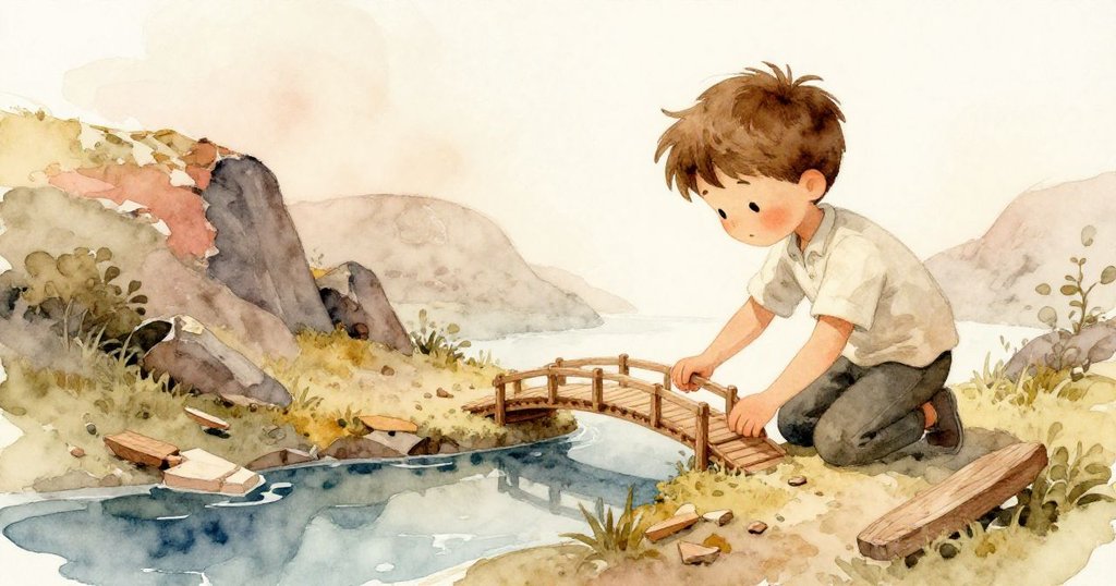 Ned專注調整小型情景中的木橋，手握濕潤邊緣，背景顯示零散模型與溫暖光線。