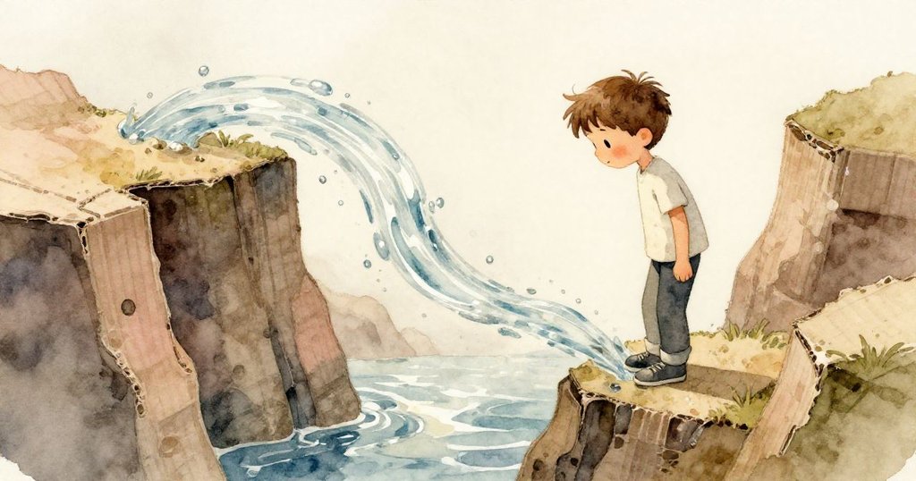 Ned的袖子意外碰到蓋子，水流激射過鞋與紙板懸崖，水珠在光中閃爍，細節豐富。