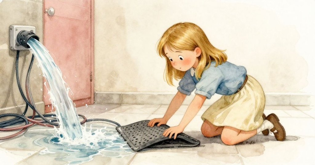 Gwen急速跪下拖動橡膠豎墊引導水流，背景瓷磚光滑與電線隱現，表情專注且緊張。