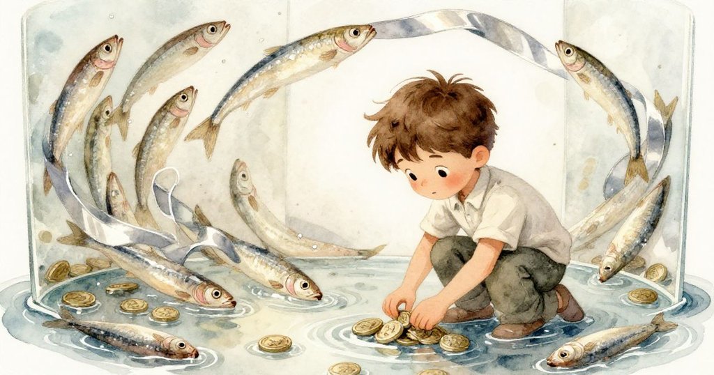 Ned認真收集濕亮獎牌，閃爍的模型與背景中銀色沙丁魚絲帶環旋，溫暖光線中留有故事餘韻。