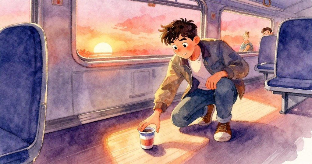 Reed蹲下在列車內，用鞋子攔截滑動的咖啡杯，背景充滿暖色與傾斜視角，展現動感與緊張感。