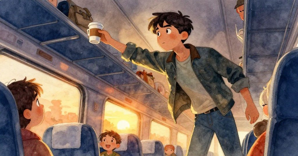 Reed從低角度被拍，滿臉決心伸手撿起咖啡杯，列車動感與暖光交織展現緊迫氛圍。