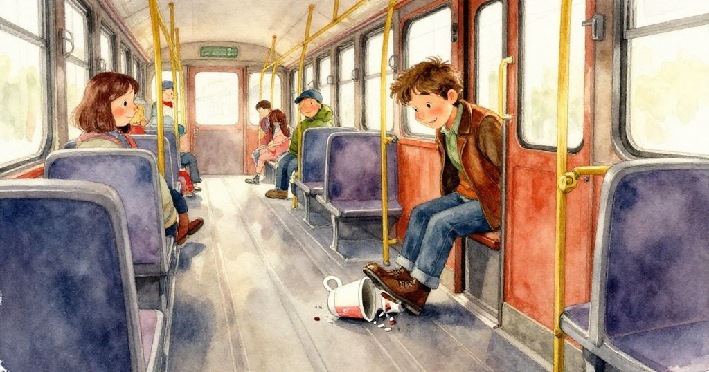 列車內部窗外展現冬日晨光，乘客靜觀寒意與金光交融的早晨，營造出柔和而清新的季節感。