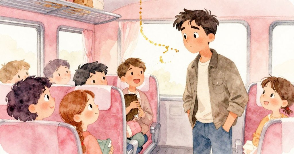 列車慢停，乘客滿臉微笑相互交流，Reed注視咖啡痕跡逐漸消散，充滿溫馨與慶祝氣氛。