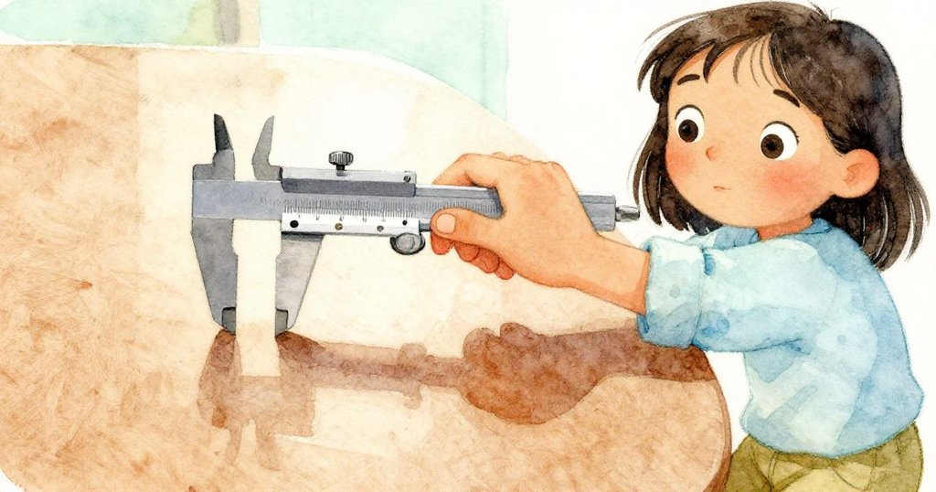 露娜專注地用手持卡尺比對筆寬,手中金屬工具和光滑地板展現精細質感,情景充滿探索精神