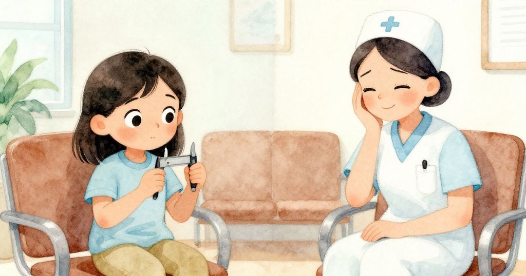 露娜專注調整卡尺測筆寬,旁邊護士輕輕搖頭流露玩味,候診室內情景活潑又細膩