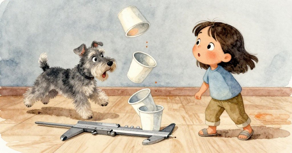 露娜目送卡尺從指縫滑落,犬隻驚跳拉動繩子,引起塑膠杯連鎖傾瀉,場景充滿懷舊感