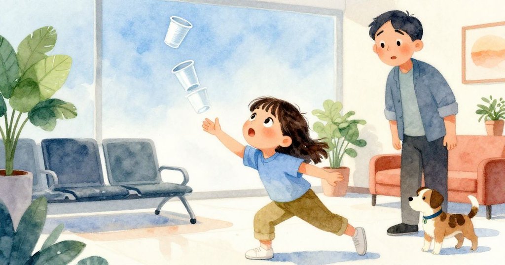 露娜迅速彎身追趕滾動塑膠杯,臉上滿含解決難題的喜悅,旁邊主人輕聲道歉,現場熱鬧生動